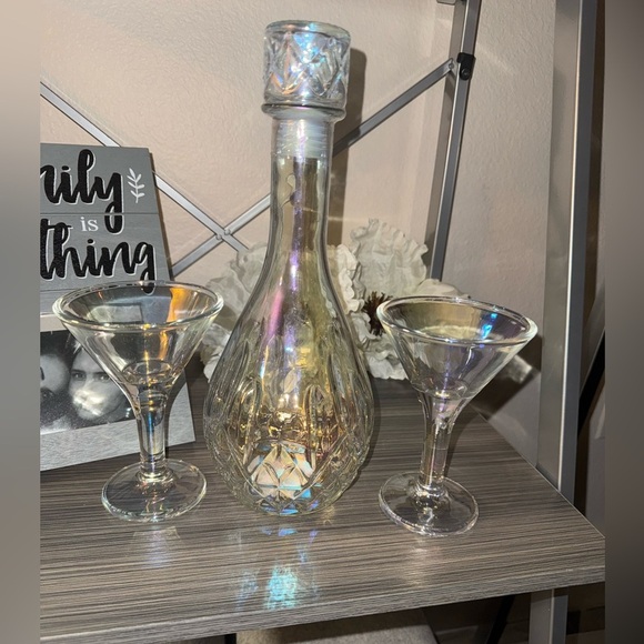 Opal Iridescent Crystal Martini Glasses & Decanter 3-Piece Set  Glassware - Picture 2 of 15